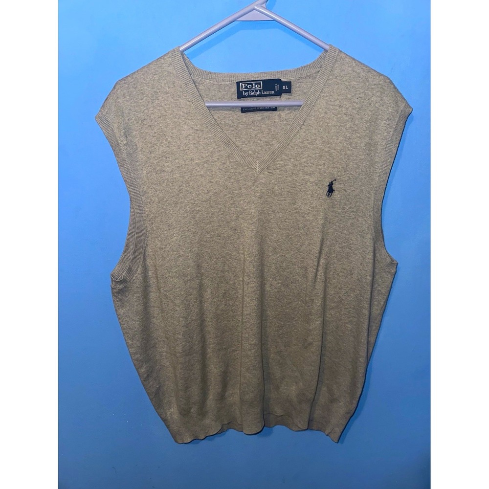 Polo Ralph Lauren Mens Gray V-Neck Pima Cotton Knit Sweater Vest XL Logo